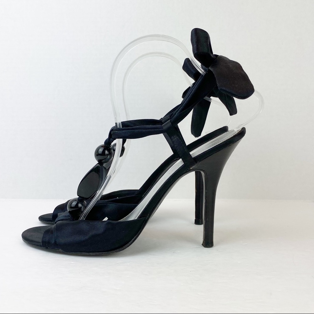 Marc Fisher Black Satin Beaded Ankle Tie Sandals, 8.5 - Picture 2 of 8
